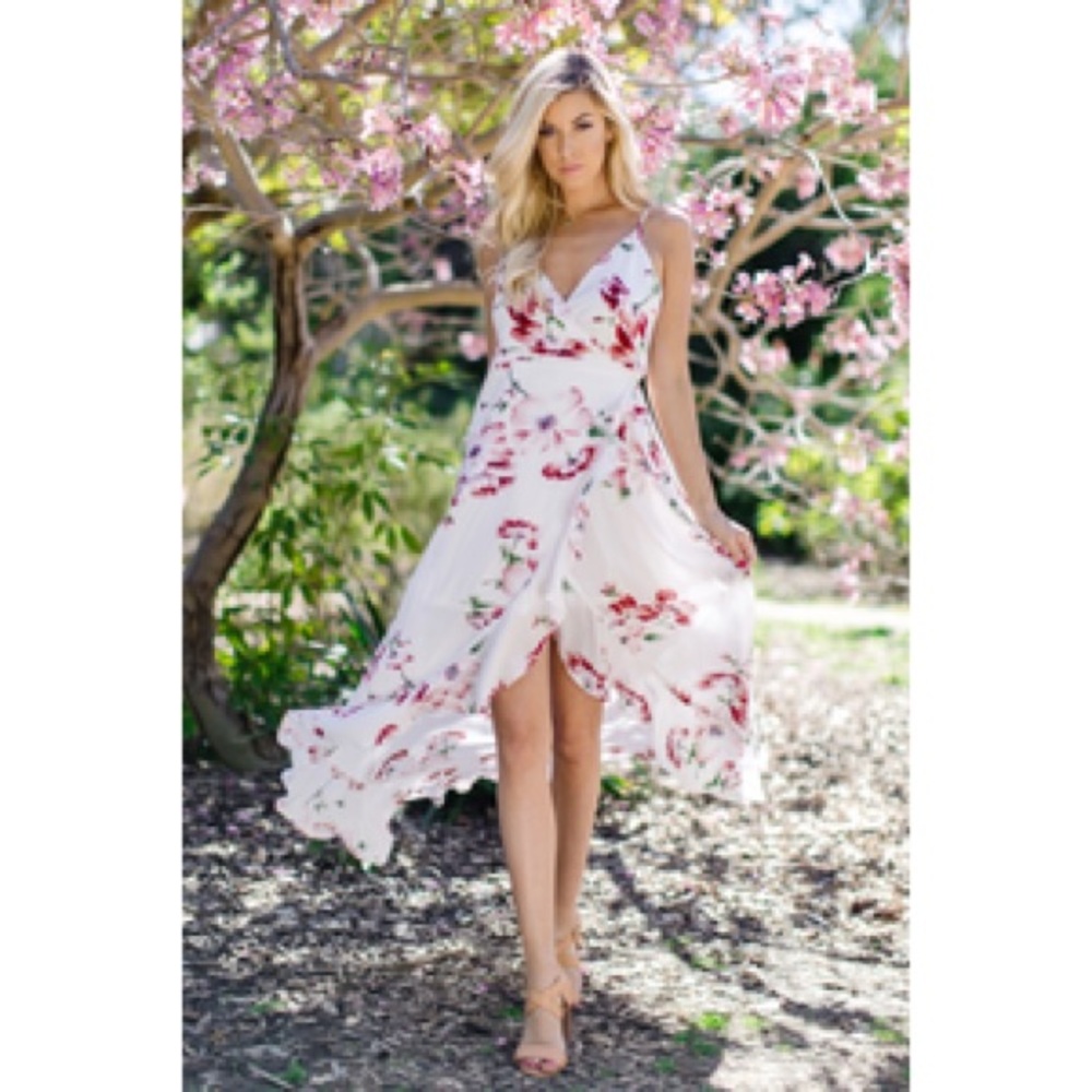 White Floral Ruffle Trim Hi-Low Wrap Tie Dress